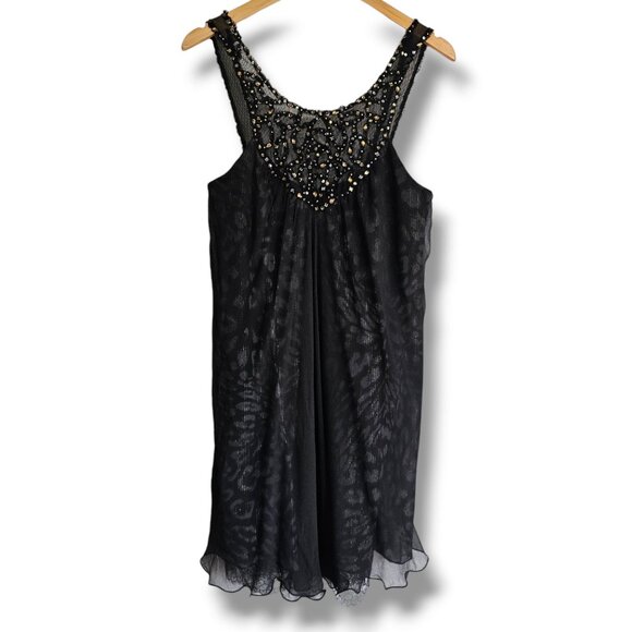 BCBGMaxAzria Dress Black Size 10 Embellished Gauzy Layers Lace Beaded Fairy Boho - Picture 1 of 11